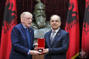 President Begaj grants the “Knight of the Order of the Flag” award to Ambassador William G. Walker